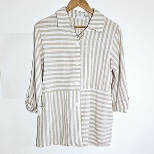 Kaktus Striped cotton Blend Button Down 3/4 Sleeve Women's Tunic Shirt Size L